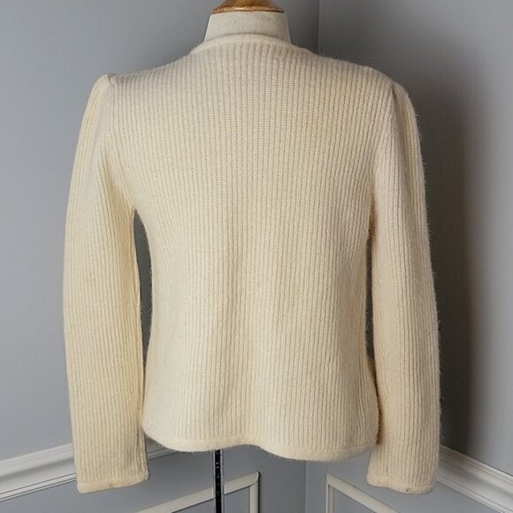 SUSAN BRISTOL Cream Wool Blend Embroidered Flowers Patch Pocket Open Cardigan M - Picture 3 of 11